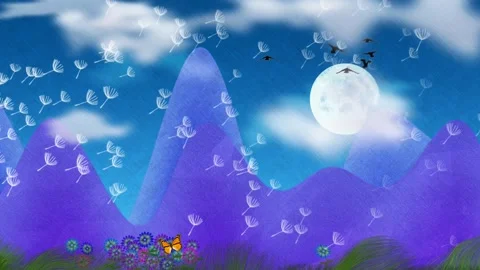 Moon in cloudy sky. Purple mountains Stock Footage 144452599