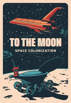 Moon colonization, shuttle in space, lunar rover Ilustração Stock