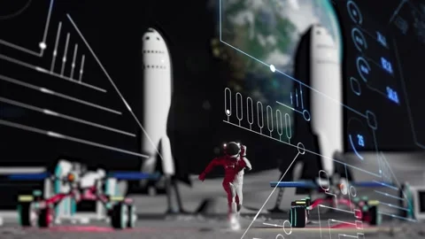 Moon colony animation with high technology data overlay. Futuristic video Stock Footage 293521202