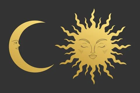 Moon Crescent and Sun characters with human face. Gold celestial symbols Stock Illustration