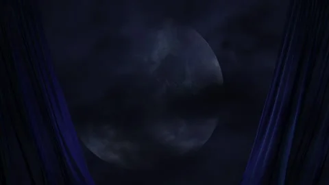 Moon in the dark cloudy sky behind the blue curtain 3D animation Stock Footage 144041421