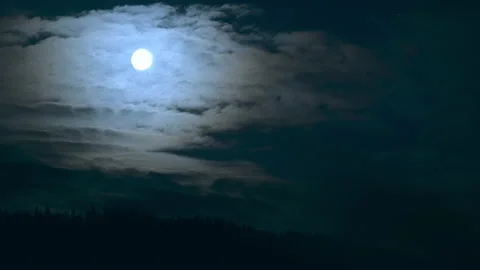 Moon dark night evening clouds forest mountains full mist halloween Stock Footage 217370352