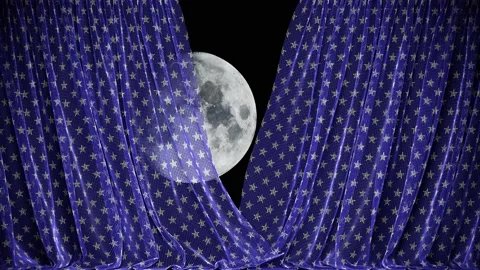 Moon in a dark night sky behind the stars pattern blue fishnet curtain Stock Footage 158765650