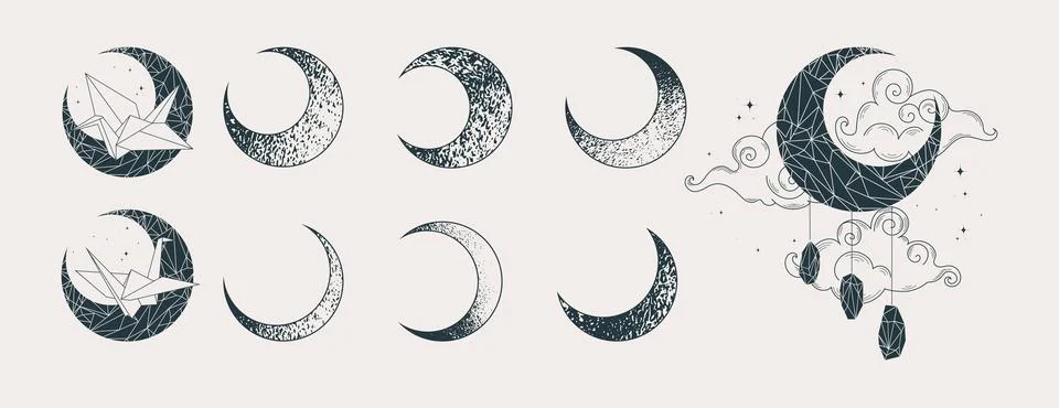 Moon in different shape or phase, crescents decorated with paper cranes Stock Illustration