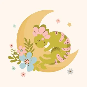 MOON DINO Hand Drawn Vector Illustration Baby Apparel Print 스톡 일러스트