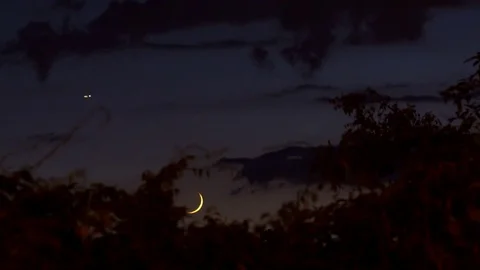 The Moon Down. Nice crescent moon through passing clouds. High definition, Stock Footage