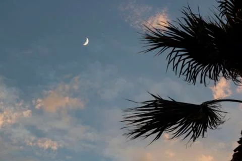 Moon on dramatic sunset sky with clouds Stock Photos