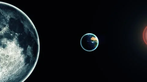 Moon, earth and sun in deep space with a dramatic dark background Stock Footage 337080387
