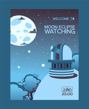 Moon eclipse watching, welcome flyer, observing station night sky, flat vector Stock Illustration