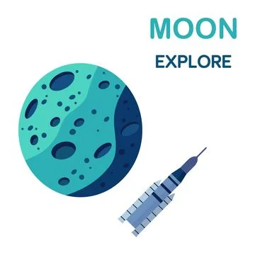 Moon exploration illustration with rocket heading to blue-green lunar surfa.. Stock Illustration