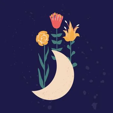 Moon with flowers in boho style vector illustration Stock Illustration
