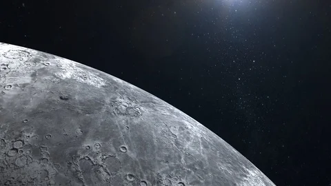 Moon. Flying over the Moon surface. The horizon is turned to the left. View from Stock Footage 95600441