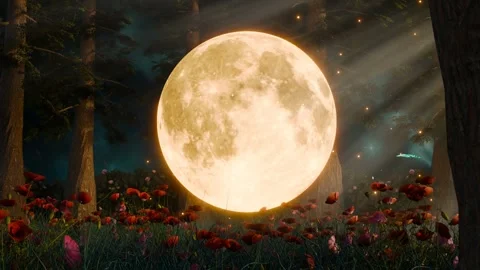 Moon In The Forest With Trees, flowers, and Butterfly Flying At Night: 3D Loop Stock Footage 258094109