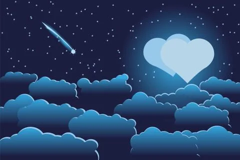Moon in form of two hearts, comet, starry night sky and clouds of blue with i Stock Illustration