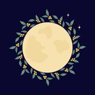 Moon Frame of Osmanthus Branches with Yellow Flowers on Dark Backdrop Mid Autumn Stock-Illustration
