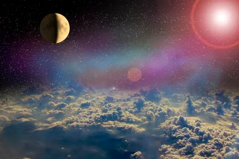 Moon glowing in open space above clouds of Earth. Cosmic landscape Stock Illustration