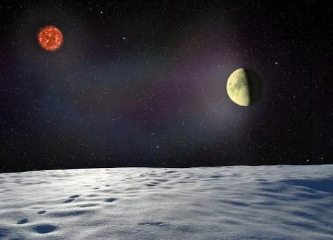 Moon glows the surface of unknown planet Stock Photos
