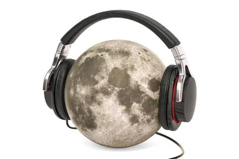 Moon with Headphones, 3D rendering Ilustração Stock