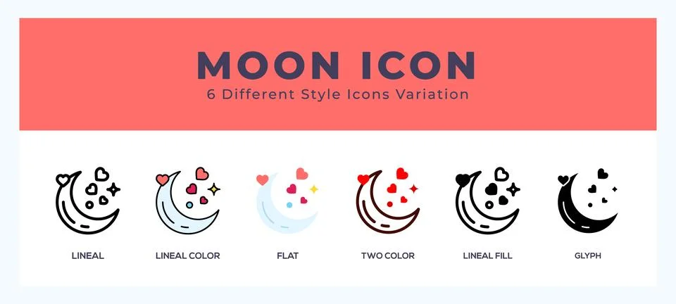 Moon icon set with different styles. Icons designed in filled. outline. fla.. Stock Illustration