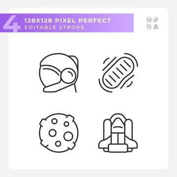 Moon landing pixel perfect linear icons set Stock Illustration