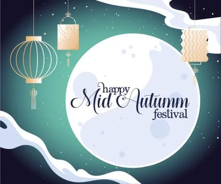 Moon with lanterns and clouds of happy mid autumn festival vector design Ilustração Stock