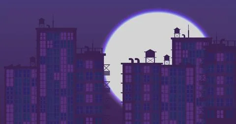 Moon with light building in high resolution. City light buildings backgroun.. Ilustración de archivo