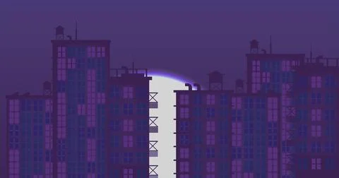 Moon with light building in high resolution. City light buildings backgroun.. Ilustración de archivo