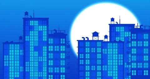 Moon with light building in high resolution. City light buildings backgroun.. Ilustración de archivo