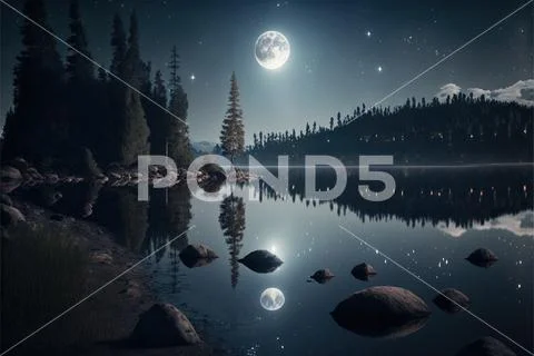 Moon light at lake shining moon at night background by ai generated ...