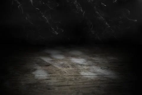Moon light rays thru foliage at night, on weathered wood boards table, side.. Stock Photos