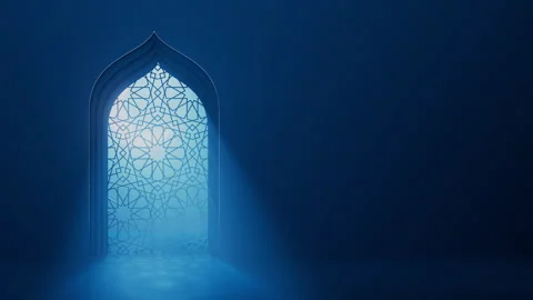 Moon light shine through the ornate window into Islamic mosque interior. Ramadan Stock Footage 328317167