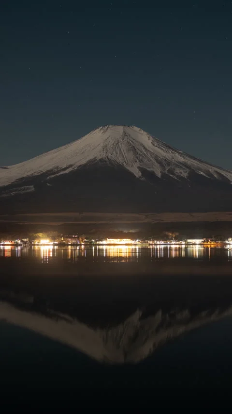 Moon-Lit Mt. Fuji Reflected in Lake Yamanaka at Night (Vertical Timelapse) Stock Footage 302155244