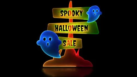 Moon loop neon glow effect Halloween sign and ghost, black background Illustrazione stock