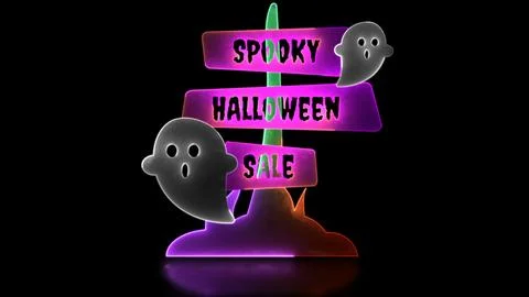 Moon loop neon glow effect Halloween sign and ghost, black background Stock Illustration