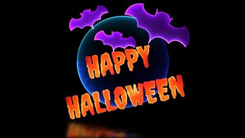 Moon loop neon glow effect halloween bat black background Stock Illustration