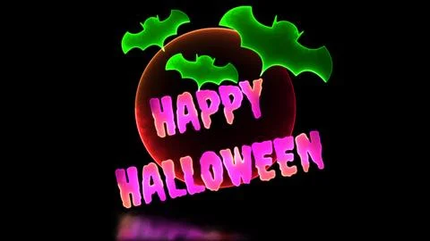 Moon loop neon glow effect halloween bat black background Stock Illustration