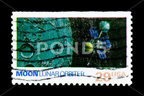 Moon, Lunar Orbiter, Space Exploration Issue serie, circa 1991 Stock Photos