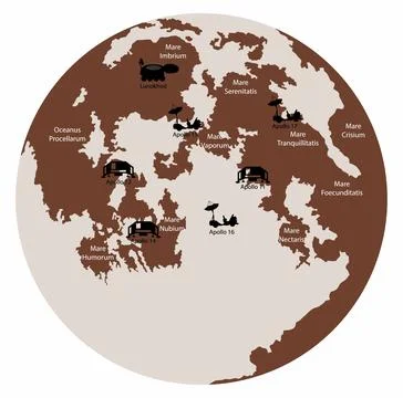 Moon map and lunar exploration points, spaceship landing point Stock Illustration