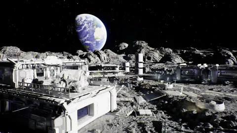 Moon mining scene. Robotic excavators and conveyor belts on moon Stock Footage 343611767