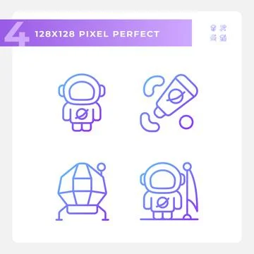 Moon mission pixel perfect gradient linear vector icons set Stock Illustration