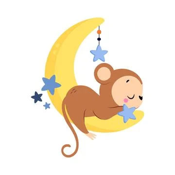 Moon with Monkey Animal Sleeping Have Sweet Dreams Vector Illustration Illustrazione stock