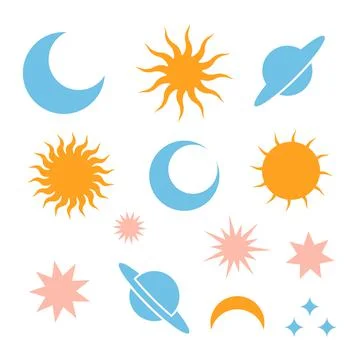Moon Moon eclipse, stars, Saturn and Sun silhouette icons. Simple sign of day Ilustração Stock