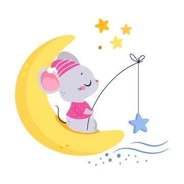 Moon with Mouse Animal Sleeping Have Sweet Dreams Vector Illustration Stock Illustration