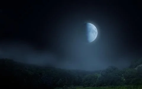 Moon at night, starless sky.Fog over the forest.Background for Halloween Ilustração Stock