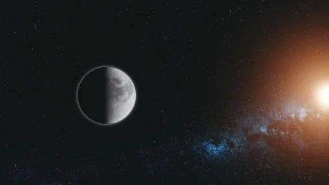 Moon orbit surface sun beam glow starry galaxy Illustrazione stock