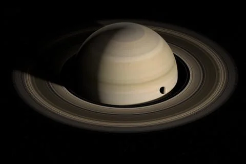 Moon orbiting around Saturn planet. 3d render Illustrazione stock