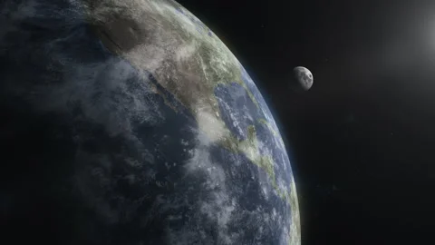 The moon orbits the planet earth floating in space Stock Footage 146316743