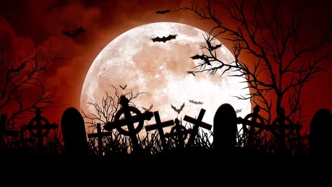 Moon Over Cemetery in Red Sky Stock Footage 79791973