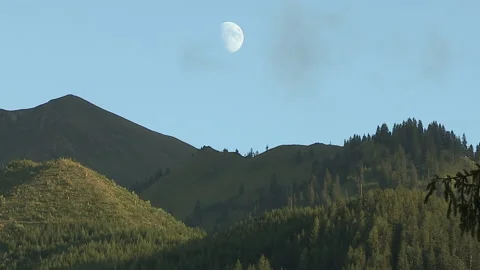 Moon over Eisenerz, town in Austria, Styria Stock Footage 168971079