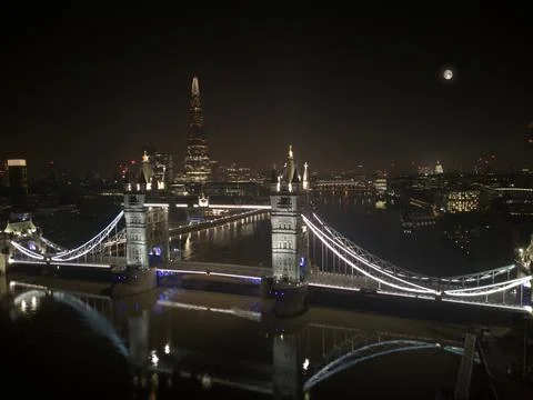 Moon over Tower Bridge, London, Night Stock Photos